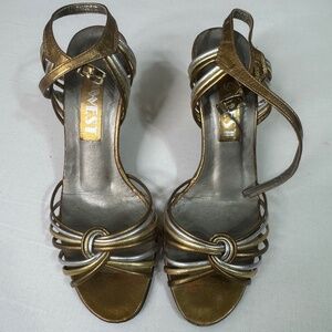 Vintage 1990s 9 West Metallic Gold & Silver Strappy Heel Sandals – Women’s 5.5 M